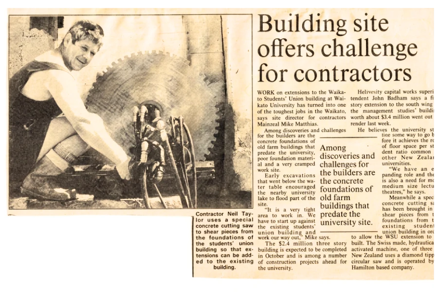 Neil Taylor in his Combine Concrete Cutting days with the Hydro-Stress saw, before he set up NZ Cowshed Groovers.